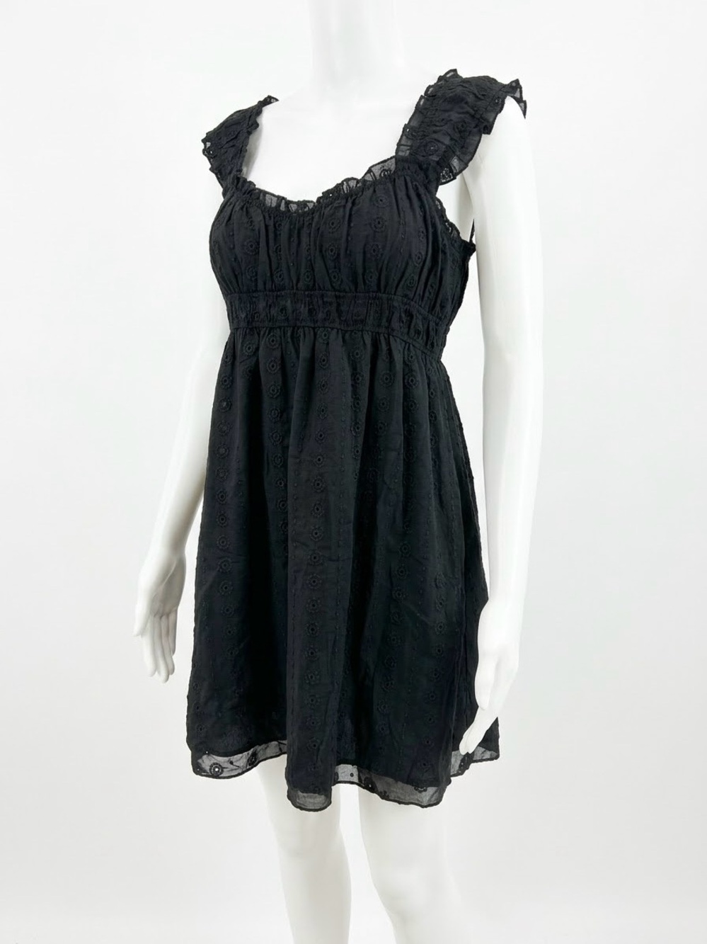 Eyelet Floral Lace Empire Waist Mini Dress Black Ruffle Strap Size L Y2K Fairy
